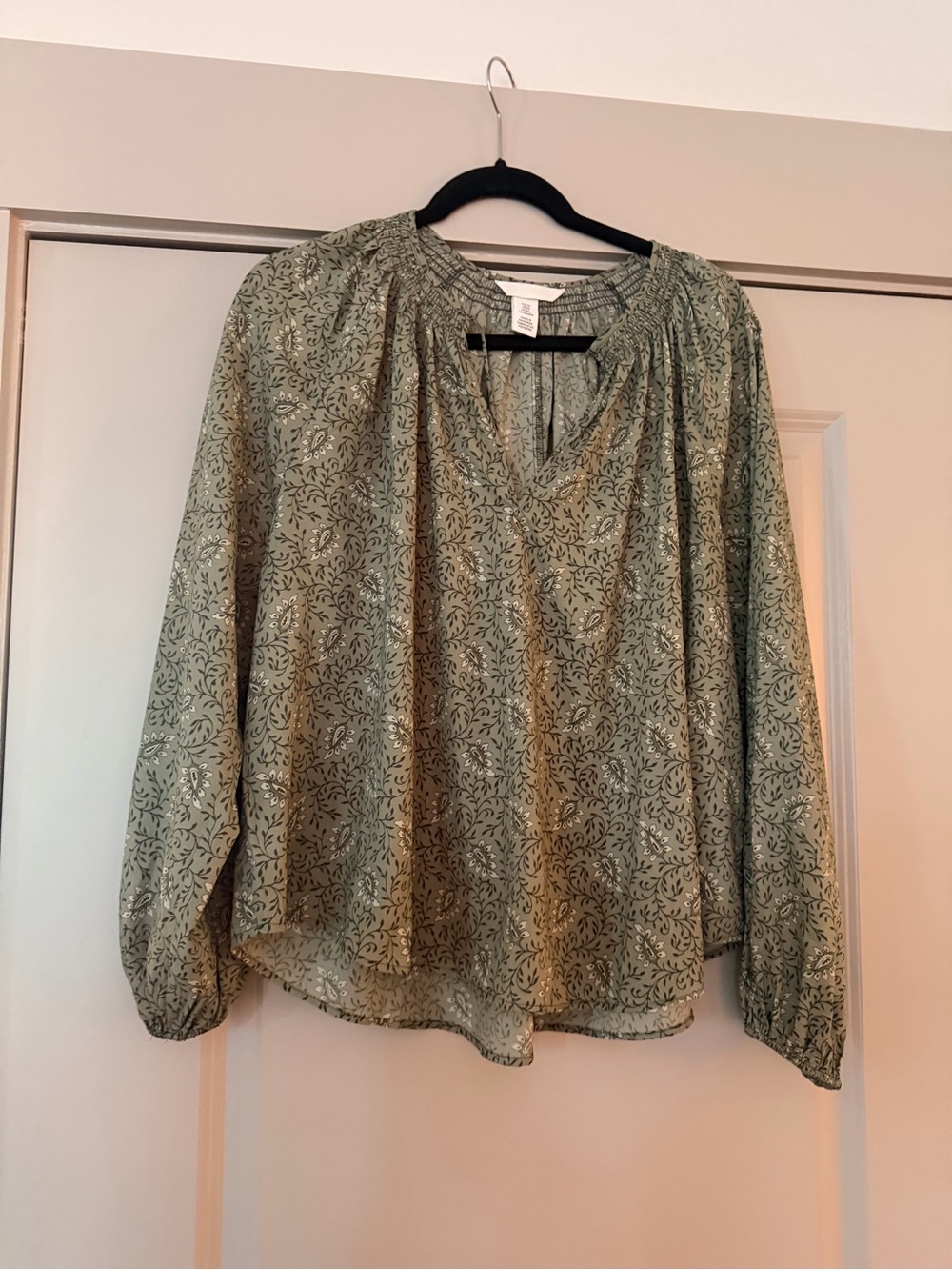 Satin-Printed Sage Peasant Blouse